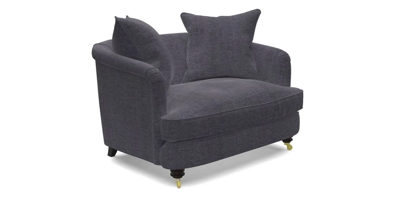 Helmsley Snuggler in V&A Threads of India Opulent Velvets Forest Creatures Hunter piping in Swiss Velvet Olive and scatter in Stockport Stripe Flame