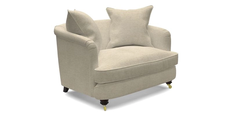 Helmsley Snuggler in V&A Threads of India Opulent Velvets Forest Creatures Hunter piping in Swiss Velvet Olive and scatter in Stockport Stripe Flame