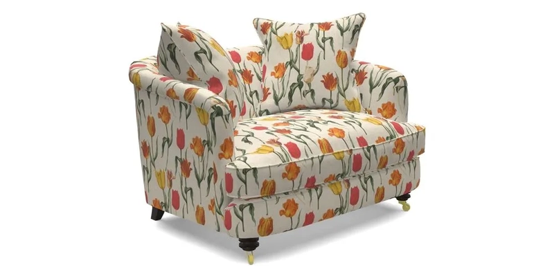 Helmsley Snuggler in V&A Threads of India Opulent Velvets Forest Creatures Hunter piping in Swiss Velvet Olive and scatter in Stockport Stripe Flame