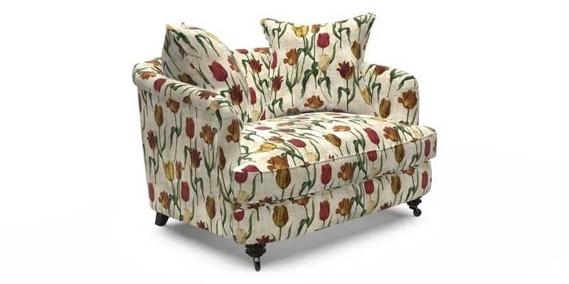 Helmsley Snuggler in V&A Threads of India Opulent Velvets Forest Creatures Hunter piping in Swiss Velvet Olive and scatter in Stockport Stripe Flame