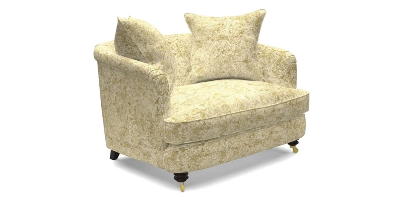 Helmsley Snuggler in V&A Threads of India Opulent Velvets Forest Creatures Hunter piping in Swiss Velvet Olive and scatter in Stockport Stripe Flame