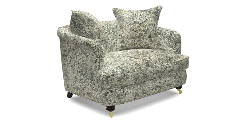 Helmsley Snuggler in V&A Threads of India Opulent Velvets Forest Creatures Hunter piping in Swiss Velvet Olive and scatter in Stockport Stripe Flame