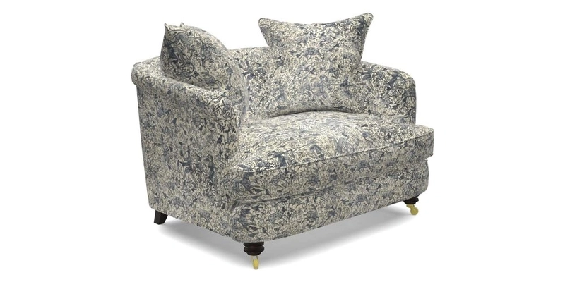 Helmsley Snuggler in V&A Threads of India Opulent Velvets Forest Creatures Hunter piping in Swiss Velvet Olive and scatter in Stockport Stripe Flame