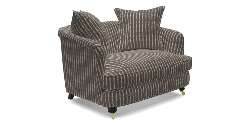 Helmsley Snuggler in V&A Threads of India Opulent Velvets Forest Creatures Hunter piping in Swiss Velvet Olive and scatter in Stockport Stripe Flame