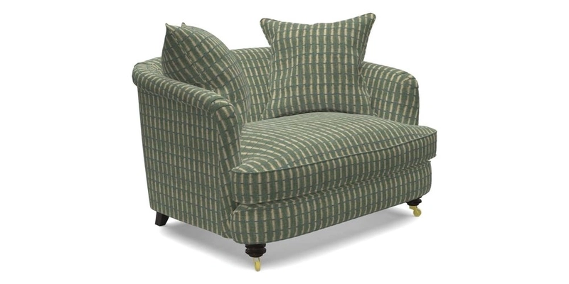 Helmsley Snuggler in V&A Threads of India Opulent Velvets Forest Creatures Hunter piping in Swiss Velvet Olive and scatter in Stockport Stripe Flame