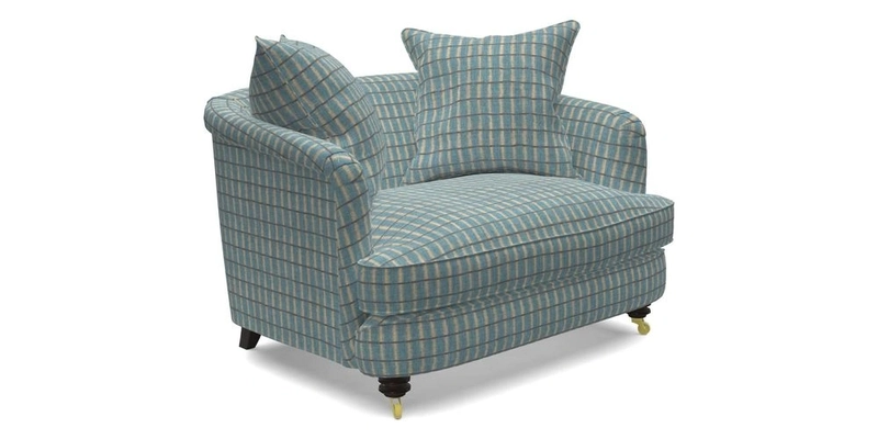 Helmsley Snuggler in V&A Threads of India Opulent Velvets Forest Creatures Hunter piping in Swiss Velvet Olive and scatter in Stockport Stripe Flame