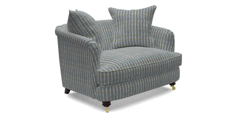 Helmsley Snuggler in V&A Threads of India Opulent Velvets Forest Creatures Hunter piping in Swiss Velvet Olive and scatter in Stockport Stripe Flame