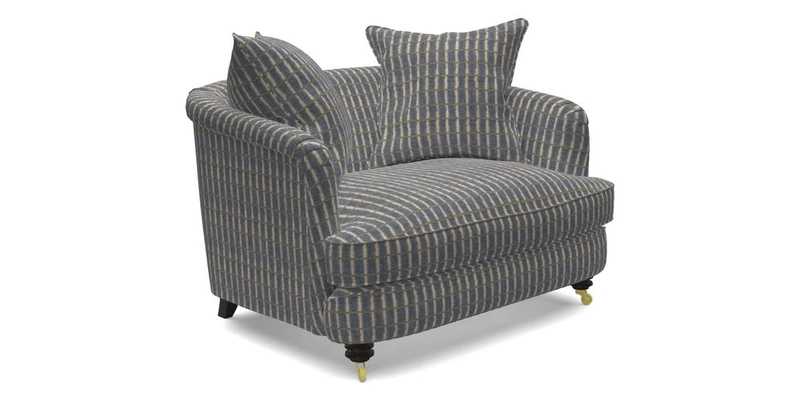 Helmsley Snuggler in V&A Threads of India Opulent Velvets Forest Creatures Hunter piping in Swiss Velvet Olive and scatter in Stockport Stripe Flame