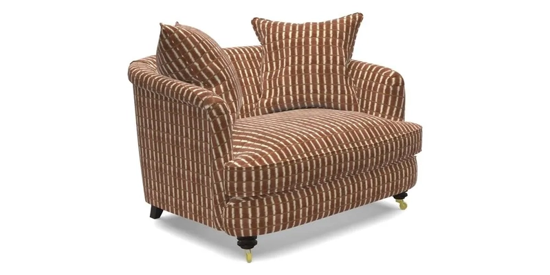 Helmsley Snuggler in V&A Threads of India Opulent Velvets Forest Creatures Hunter piping in Swiss Velvet Olive and scatter in Stockport Stripe Flame