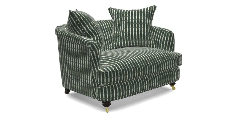 Helmsley Snuggler in V&A Threads of India Opulent Velvets Forest Creatures Hunter piping in Swiss Velvet Olive and scatter in Stockport Stripe Flame