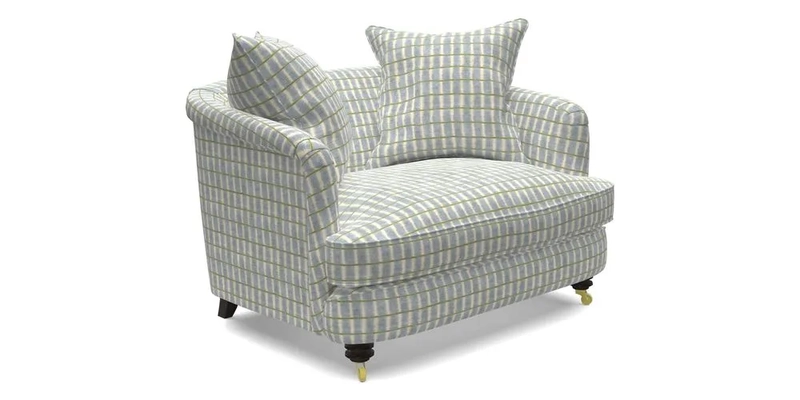 Helmsley Snuggler in V&A Threads of India Opulent Velvets Forest Creatures Hunter piping in Swiss Velvet Olive and scatter in Stockport Stripe Flame