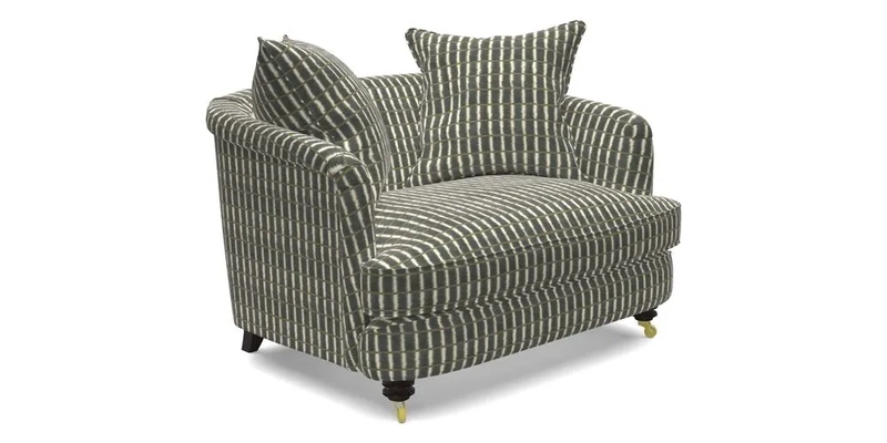 Helmsley Snuggler in V&A Threads of India Opulent Velvets Forest Creatures Hunter piping in Swiss Velvet Olive and scatter in Stockport Stripe Flame