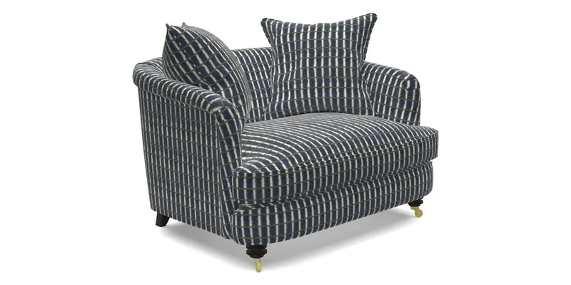 Helmsley Snuggler in V&A Threads of India Opulent Velvets Forest Creatures Hunter piping in Swiss Velvet Olive and scatter in Stockport Stripe Flame