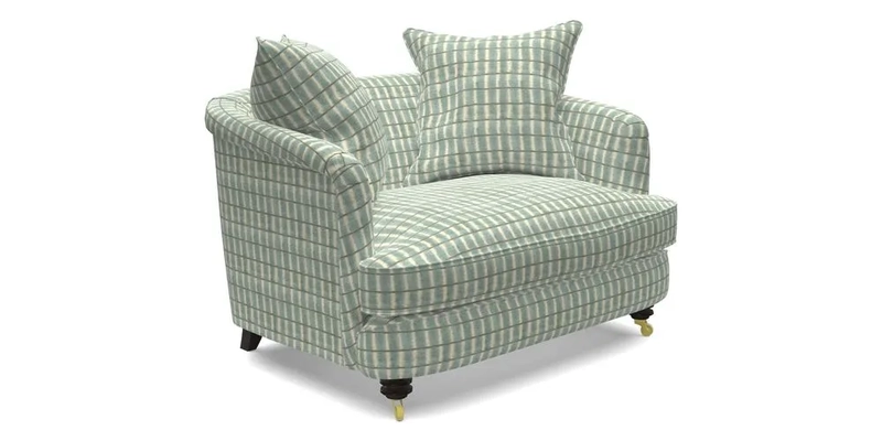 Helmsley Snuggler in V&A Threads of India Opulent Velvets Forest Creatures Hunter piping in Swiss Velvet Olive and scatter in Stockport Stripe Flame