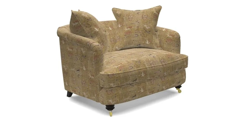 Helmsley Snuggler in V&A Threads of India Opulent Velvets Forest Creatures Hunter piping in Swiss Velvet Olive and scatter in Stockport Stripe Flame