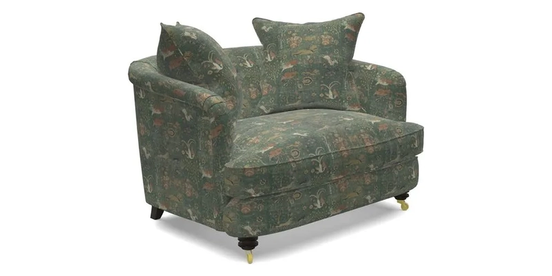 Helmsley Snuggler in V&A Threads of India Opulent Velvets Forest Creatures Hunter piping in Swiss Velvet Olive and scatter in Stockport Stripe Flame