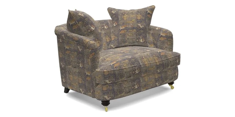 Helmsley Snuggler in V&A Threads of India Opulent Velvets Forest Creatures Hunter piping in Swiss Velvet Olive and scatter in Stockport Stripe Flame