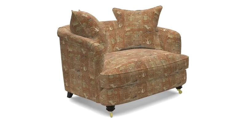 Helmsley Snuggler in V&A Threads of India Opulent Velvets Forest Creatures Hunter piping in Swiss Velvet Olive and scatter in Stockport Stripe Flame