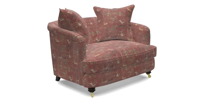 Helmsley Snuggler in V&A Threads of India Opulent Velvets Forest Creatures Hunter piping in Swiss Velvet Olive and scatter in Stockport Stripe Flame