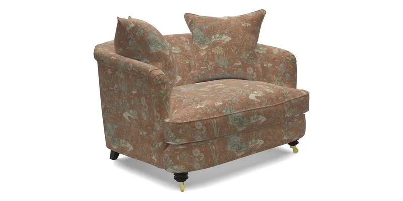 Helmsley Snuggler in V&A Threads of India Opulent Velvets Forest Creatures Hunter piping in Swiss Velvet Olive and scatter in Stockport Stripe Flame