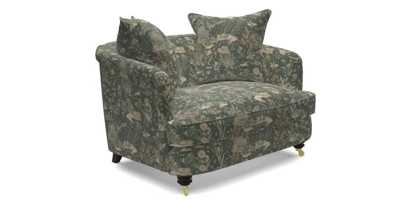 Helmsley Snuggler in V&A Threads of India Opulent Velvets Forest Creatures Hunter piping in Swiss Velvet Olive and scatter in Stockport Stripe Flame