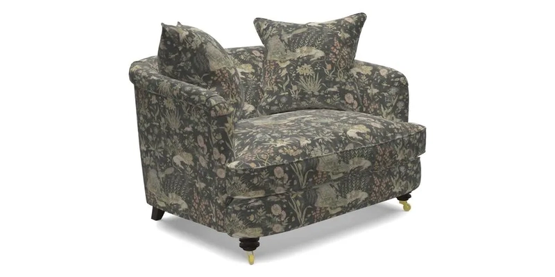 Helmsley Snuggler in V&A Threads of India Opulent Velvets Forest Creatures Hunter piping in Swiss Velvet Olive and scatter in Stockport Stripe Flame