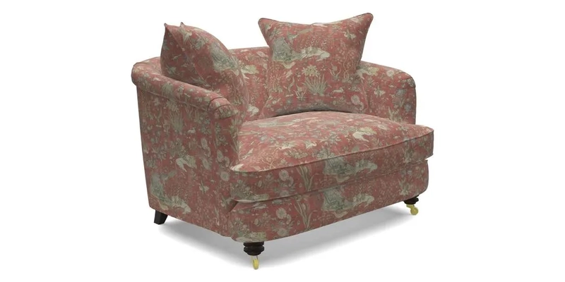 Helmsley Snuggler in V&A Threads of India Opulent Velvets Forest Creatures Hunter piping in Swiss Velvet Olive and scatter in Stockport Stripe Flame