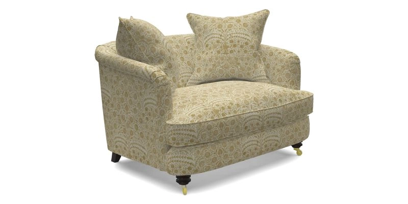 Helmsley Snuggler in V&A Threads of India Opulent Velvets Forest Creatures Hunter piping in Swiss Velvet Olive and scatter in Stockport Stripe Flame