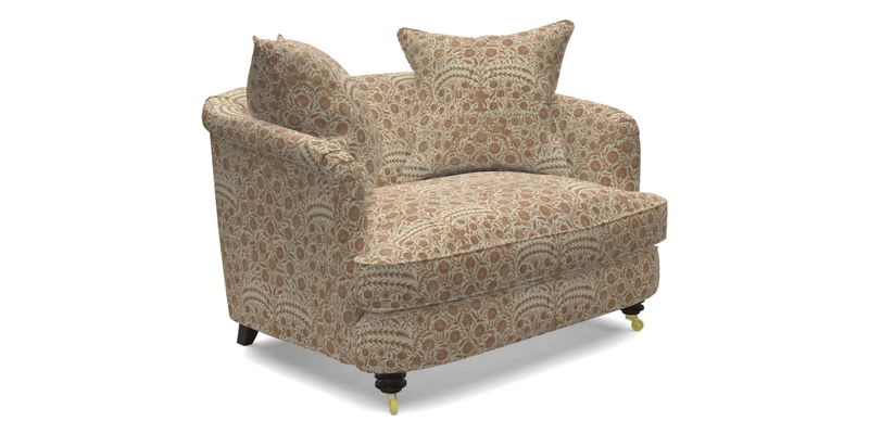 Helmsley Snuggler in V&A Threads of India Opulent Velvets Forest Creatures Hunter piping in Swiss Velvet Olive and scatter in Stockport Stripe Flame