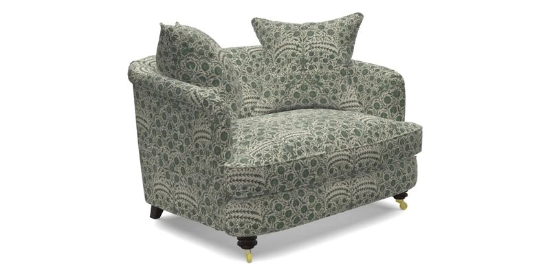 Helmsley Snuggler in V&A Threads of India Opulent Velvets Forest Creatures Hunter piping in Swiss Velvet Olive and scatter in Stockport Stripe Flame