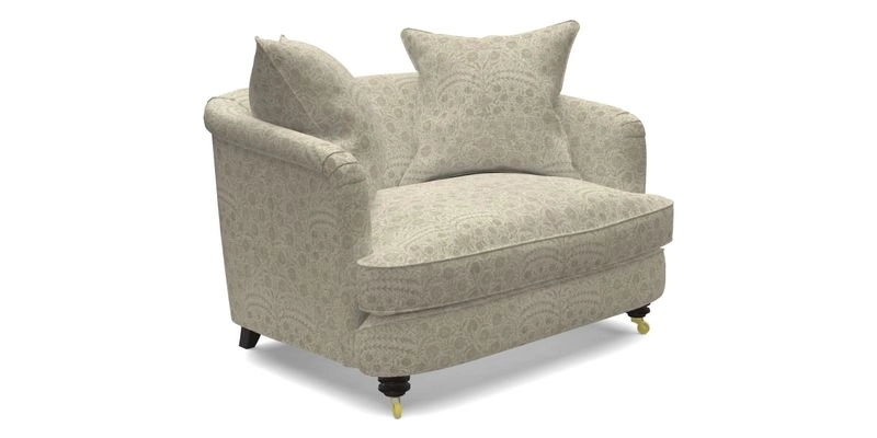 Helmsley Snuggler in V&A Threads of India Opulent Velvets Forest Creatures Hunter piping in Swiss Velvet Olive and scatter in Stockport Stripe Flame