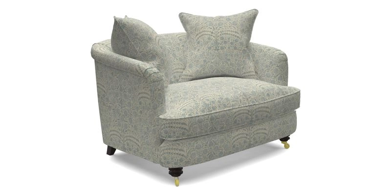 Helmsley Snuggler in V&A Threads of India Opulent Velvets Forest Creatures Hunter piping in Swiss Velvet Olive and scatter in Stockport Stripe Flame