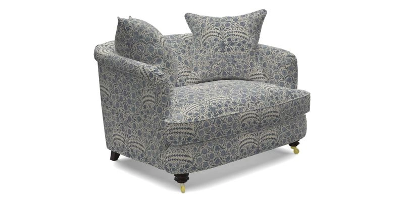 Helmsley Snuggler in V&A Threads of India Opulent Velvets Forest Creatures Hunter piping in Swiss Velvet Olive and scatter in Stockport Stripe Flame