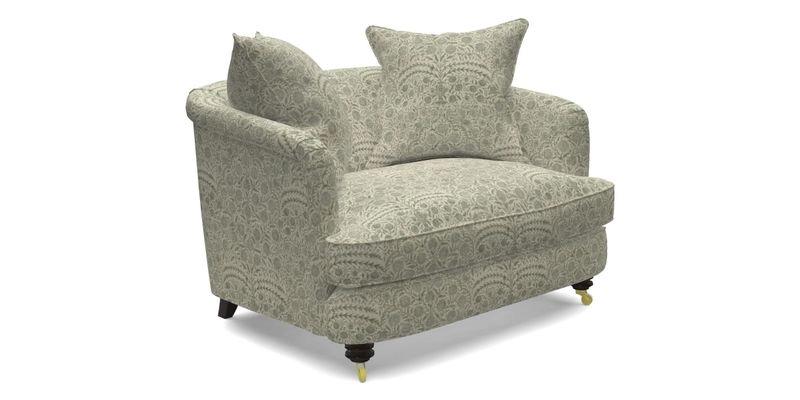 Helmsley Snuggler in V&A Threads of India Opulent Velvets Forest Creatures Hunter piping in Swiss Velvet Olive and scatter in Stockport Stripe Flame