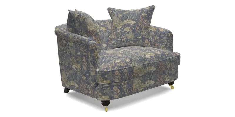 Helmsley Snuggler in V&A Threads of India Opulent Velvets Forest Creatures Hunter piping in Swiss Velvet Olive and scatter in Stockport Stripe Flame