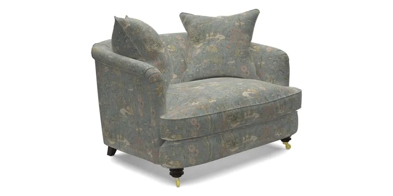 Helmsley Snuggler in V&A Threads of India Opulent Velvets Forest Creatures Hunter piping in Swiss Velvet Olive and scatter in Stockport Stripe Flame