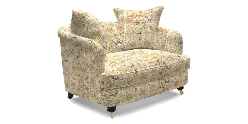 Helmsley Snuggler in V&A Threads of India Opulent Velvets Forest Creatures Hunter piping in Swiss Velvet Olive and scatter in Stockport Stripe Flame