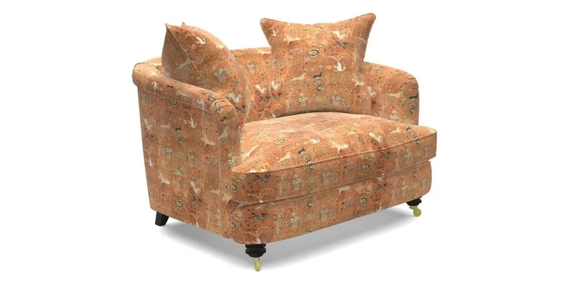 Helmsley Snuggler in V&A Threads of India Opulent Velvets Forest Creatures Hunter piping in Swiss Velvet Olive and scatter in Stockport Stripe Flame