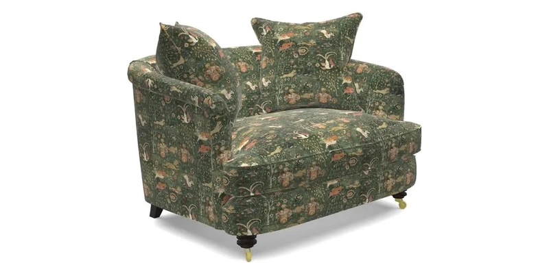 Helmsley Snuggler in V&A Threads of India Opulent Velvets Forest Creatures Hunter piping in Swiss Velvet Olive and scatter in Stockport Stripe Flame