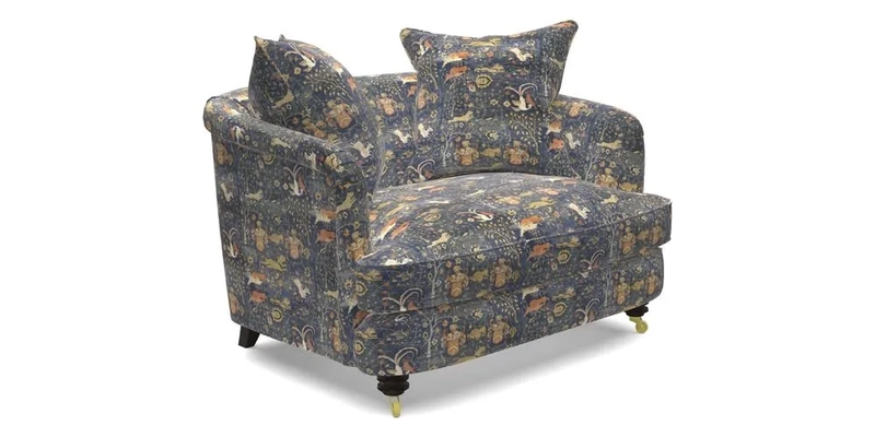 Helmsley Snuggler in V&A Threads of India Opulent Velvets Forest Creatures Hunter piping in Swiss Velvet Olive and scatter in Stockport Stripe Flame