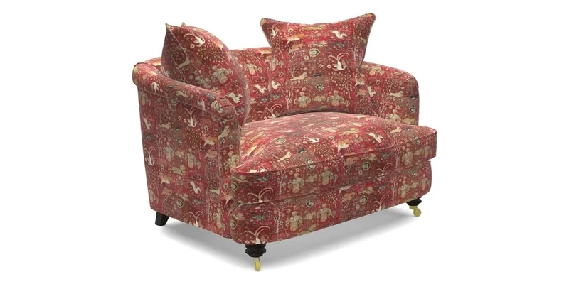 Helmsley Snuggler in V&A Threads of India Opulent Velvets Forest Creatures Hunter piping in Swiss Velvet Olive and scatter in Stockport Stripe Flame