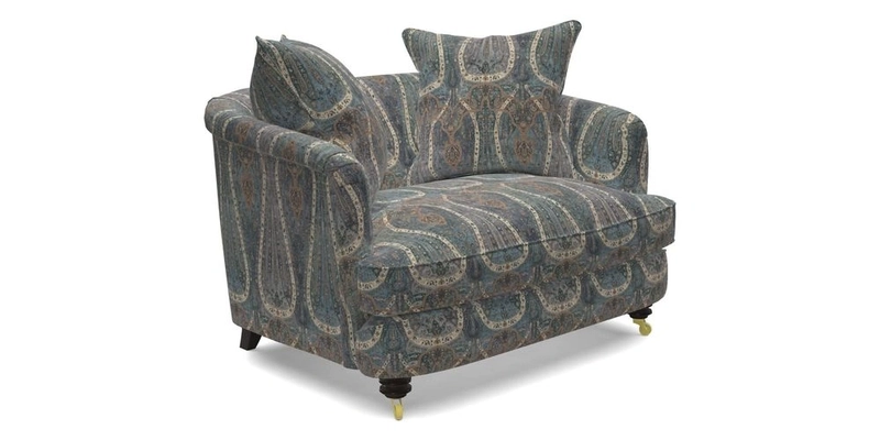 Helmsley Snuggler in V&A Threads of India Opulent Velvets Forest Creatures Hunter piping in Swiss Velvet Olive and scatter in Stockport Stripe Flame