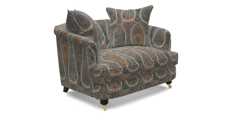 Helmsley Snuggler in V&A Threads of India Opulent Velvets Forest Creatures Hunter piping in Swiss Velvet Olive and scatter in Stockport Stripe Flame