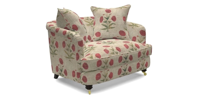 Helmsley Snuggler in V&A Threads of India Opulent Velvets Forest Creatures Hunter piping in Swiss Velvet Olive and scatter in Stockport Stripe Flame