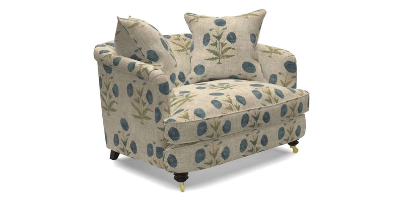 Helmsley Snuggler in V&A Threads of India Opulent Velvets Forest Creatures Hunter piping in Swiss Velvet Olive and scatter in Stockport Stripe Flame