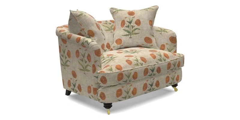 Helmsley Snuggler in V&A Threads of India Opulent Velvets Forest Creatures Hunter piping in Swiss Velvet Olive and scatter in Stockport Stripe Flame