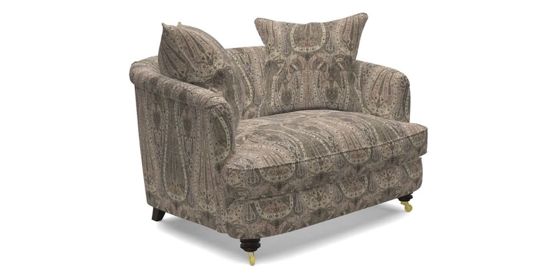 Helmsley Snuggler in V&A Threads of India Opulent Velvets Forest Creatures Hunter piping in Swiss Velvet Olive and scatter in Stockport Stripe Flame