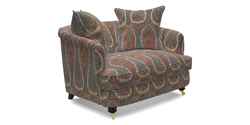 Helmsley Snuggler in V&A Threads of India Opulent Velvets Forest Creatures Hunter piping in Swiss Velvet Olive and scatter in Stockport Stripe Flame