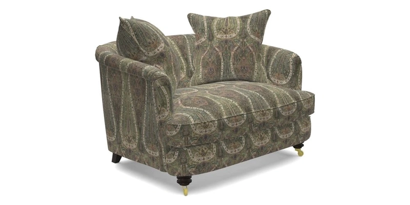 Helmsley Snuggler in V&A Threads of India Opulent Velvets Forest Creatures Hunter piping in Swiss Velvet Olive and scatter in Stockport Stripe Flame