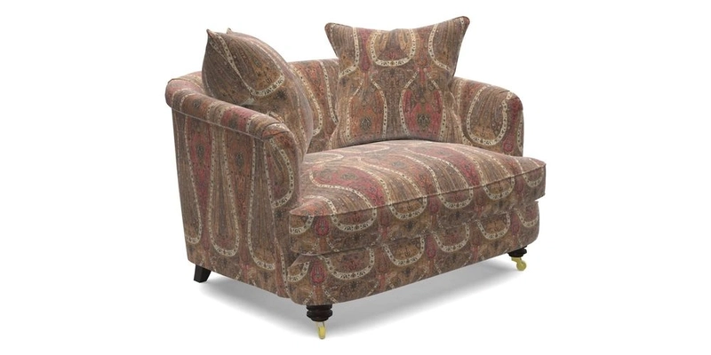 Helmsley Snuggler in V&A Threads of India Opulent Velvets Forest Creatures Hunter piping in Swiss Velvet Olive and scatter in Stockport Stripe Flame